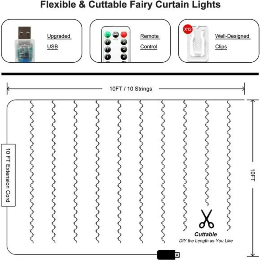 300 LED Curtain Fairy String Lights Warm White USB Remote Indoor Outdoor Decor